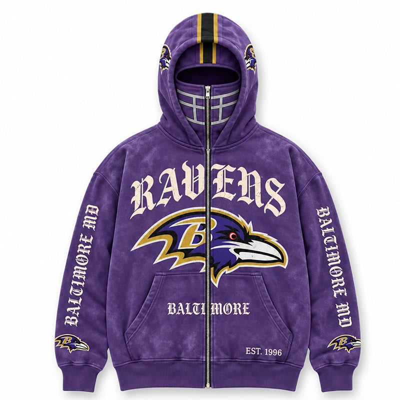 Graphic Full-Zip Hoodie with Helmet-Style Hood