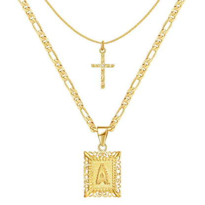 14k Initial & Cross Necklace Set