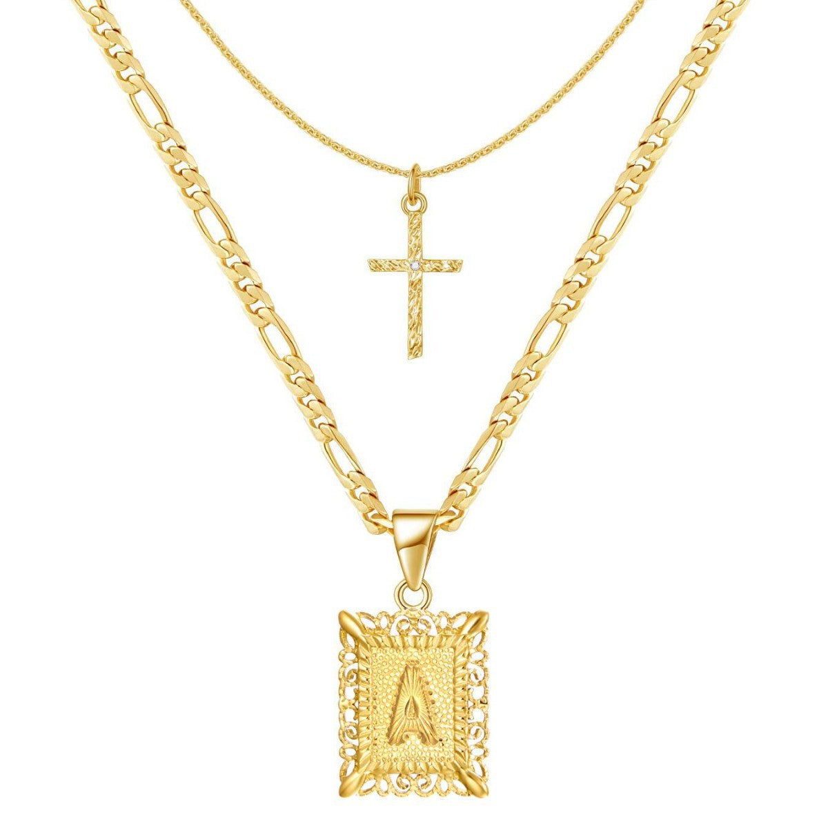 14k Initial & Cross Necklace Set