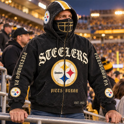 Graphic Full-Zip Hoodie with Helmet-Style Hood
