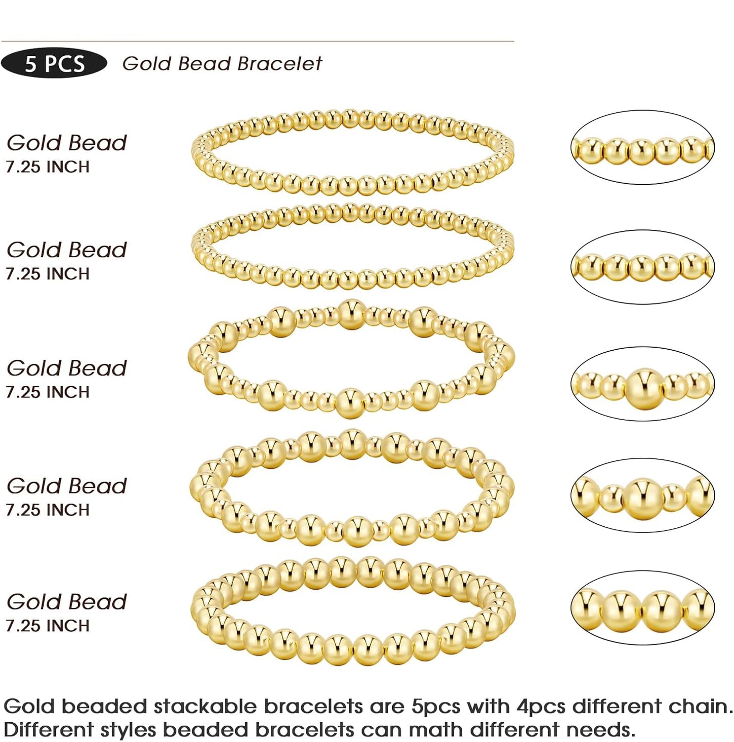 5Pcs Adjustable 14k Gold Plated Bead Bracelet Stack Gift Set