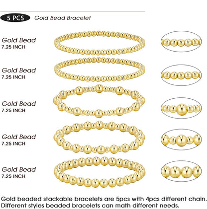 5Pcs Adjustable 14k Gold Plated Bead Bracelet Stack Gift Set