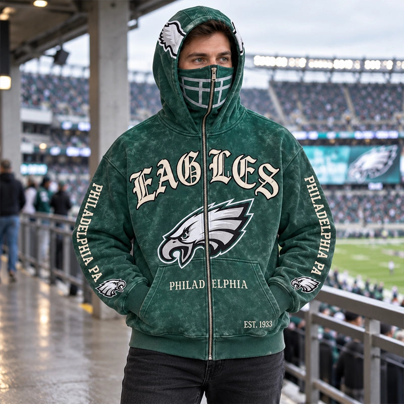 Graphic Full-Zip Hoodie with Helmet-Style Hood