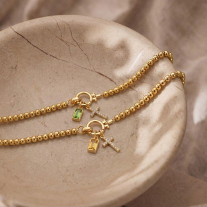 Gold-Tone Birthstone Cross Beaded Bracelet