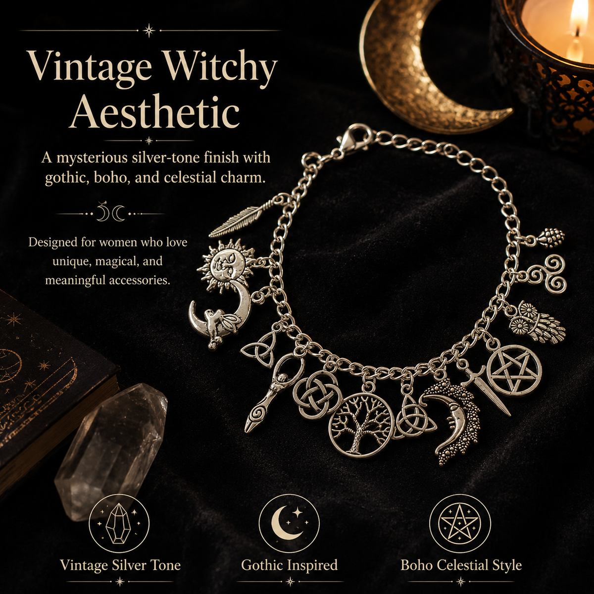Vintage Witchy Celestial Charm Bracelet for Mystical Everyday Style – image 3