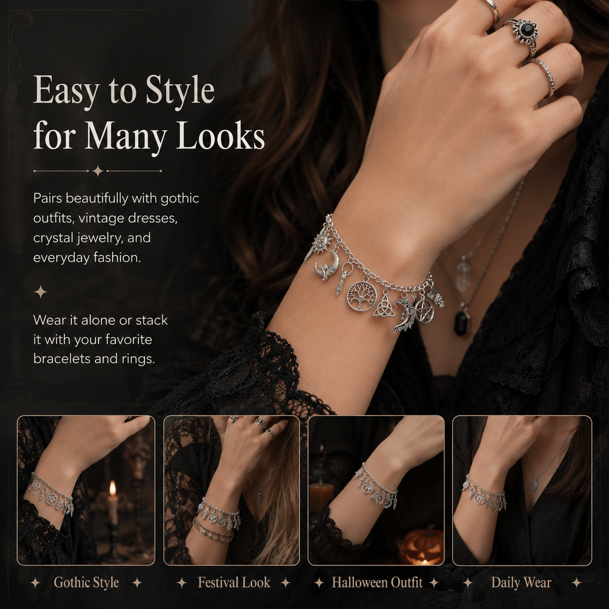 Vintage Witchy Celestial Charm Bracelet for Mystical Everyday Style – image 6