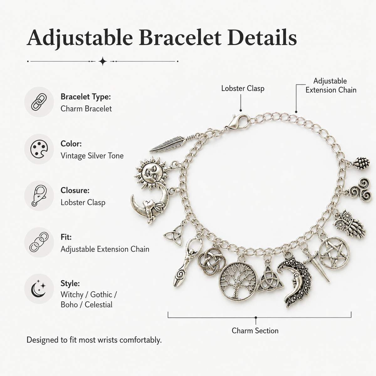 Vintage Witchy Celestial Charm Bracelet for Mystical Everyday Style – image 7