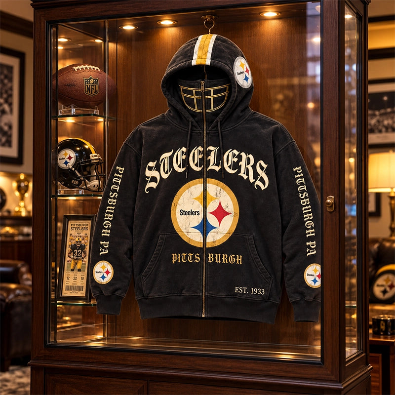 Graphic Full-Zip Hoodie with Helmet-Style Hood