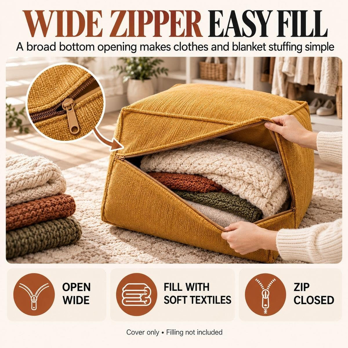 Corduroy Storage Ottoman Cover for Fill-Your-Own Seating