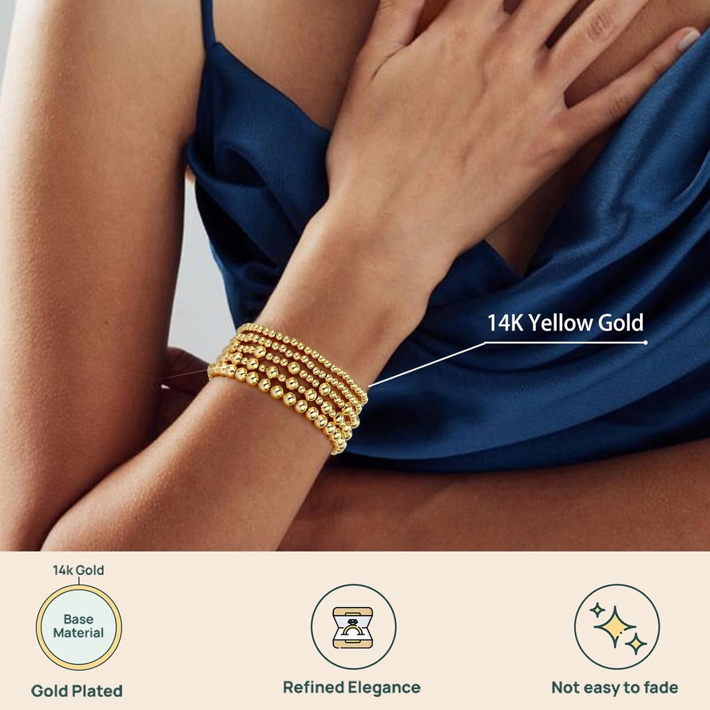 5Pcs Adjustable 14k Gold Plated Bead Bracelet Stack Gift Set