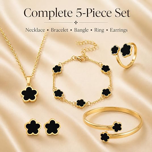 Five-Leaf Clover Women Jewelry Set, 5Pcs Necklace Bracelet Bangle Earrings Kit