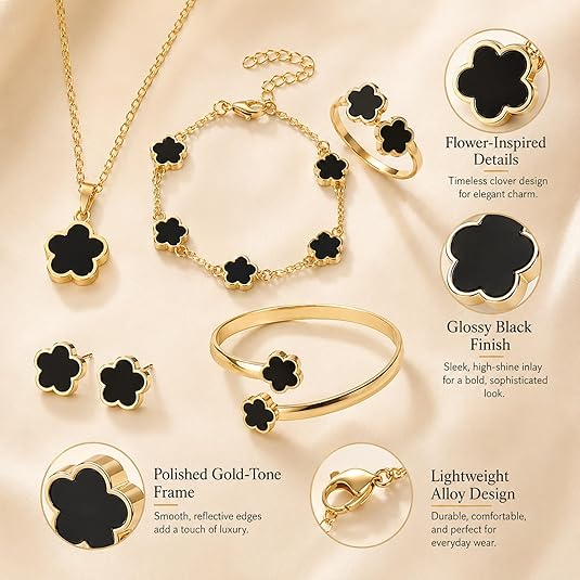 Five-Leaf Clover Women Jewelry Set, 5Pcs Necklace Bracelet Bangle Earrings Kit