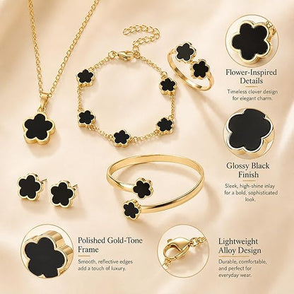 Five-Leaf Clover Women Jewelry Set, 5Pcs Necklace Bracelet Bangle Earrings Kit