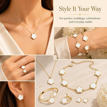 Five-Leaf Clover Women Jewelry Set, 5Pcs Necklace Bracelet Bangle Earrings Kit