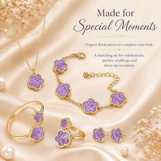 Five-Leaf Clover Women Jewelry Set, 5Pcs Necklace Bracelet Bangle Earrings Kit
