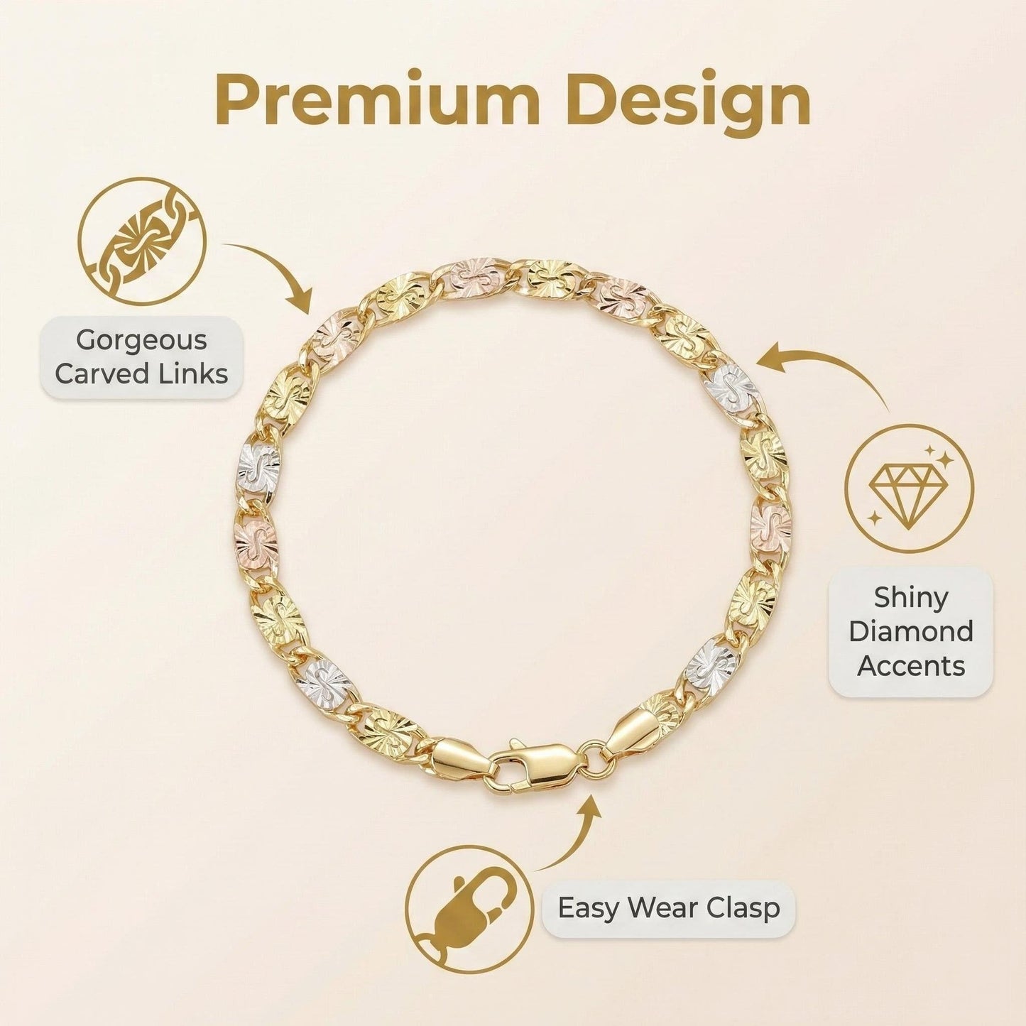 14K Gold Color Mariner Link Bracelet for Women