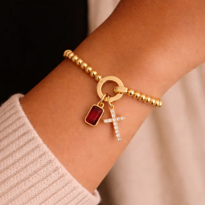 Gold-Tone Birthstone Cross Beaded Bracelet