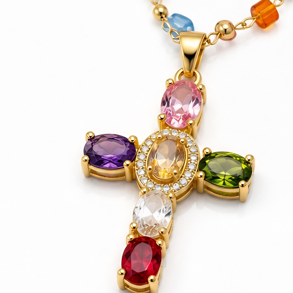 Rainbow Gem Cross Pendant Necklace