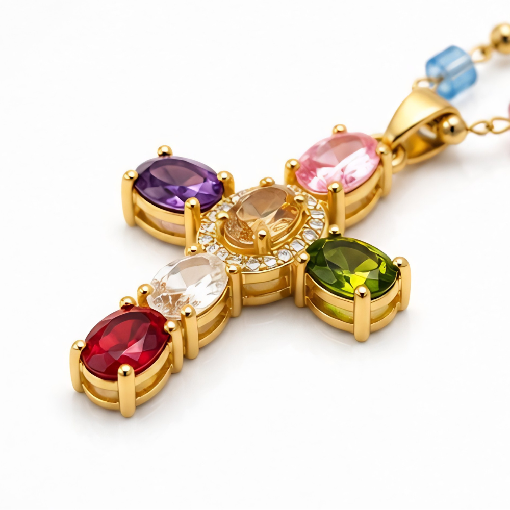 Rainbow Gem Cross Pendant Necklace
