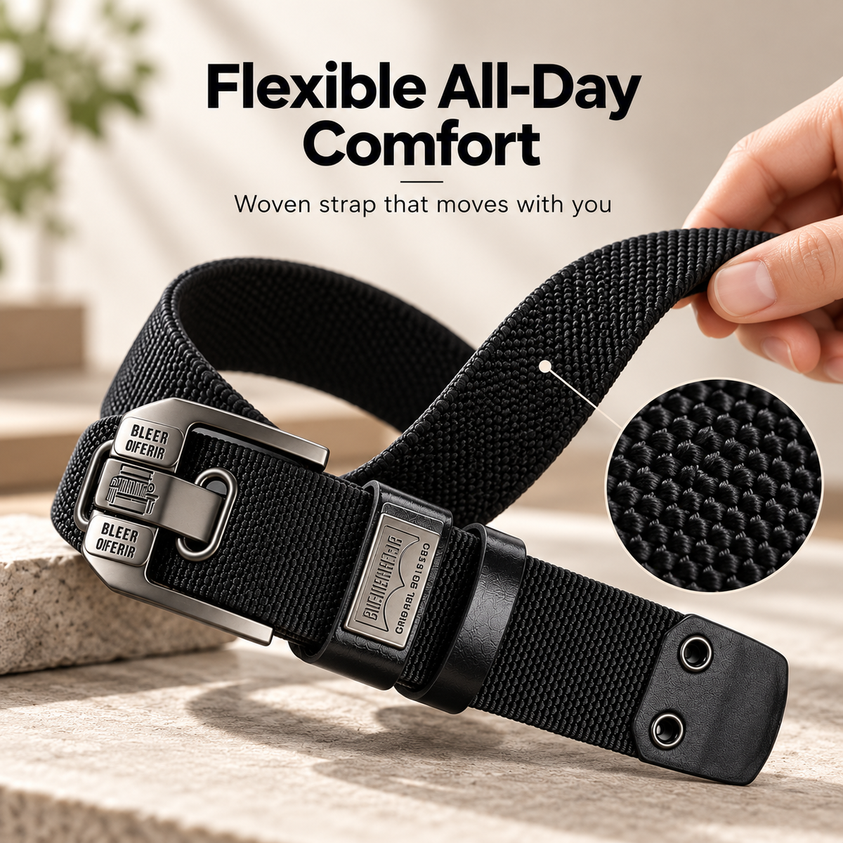 Holeless Canvas Belt with Metal Buckle for Everyday Wear