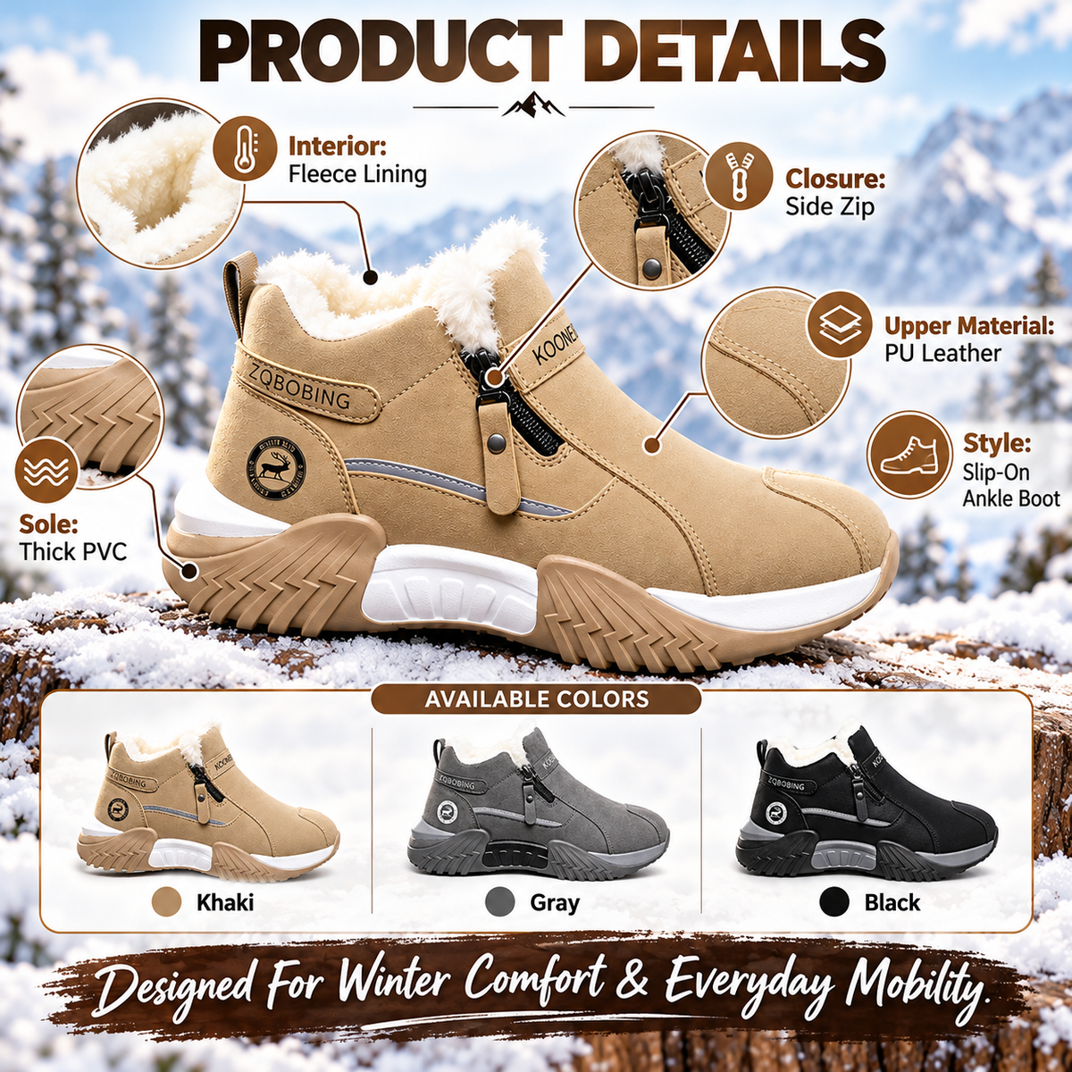 Fleece-Lined Side-Zip Winter Ankle Boots
