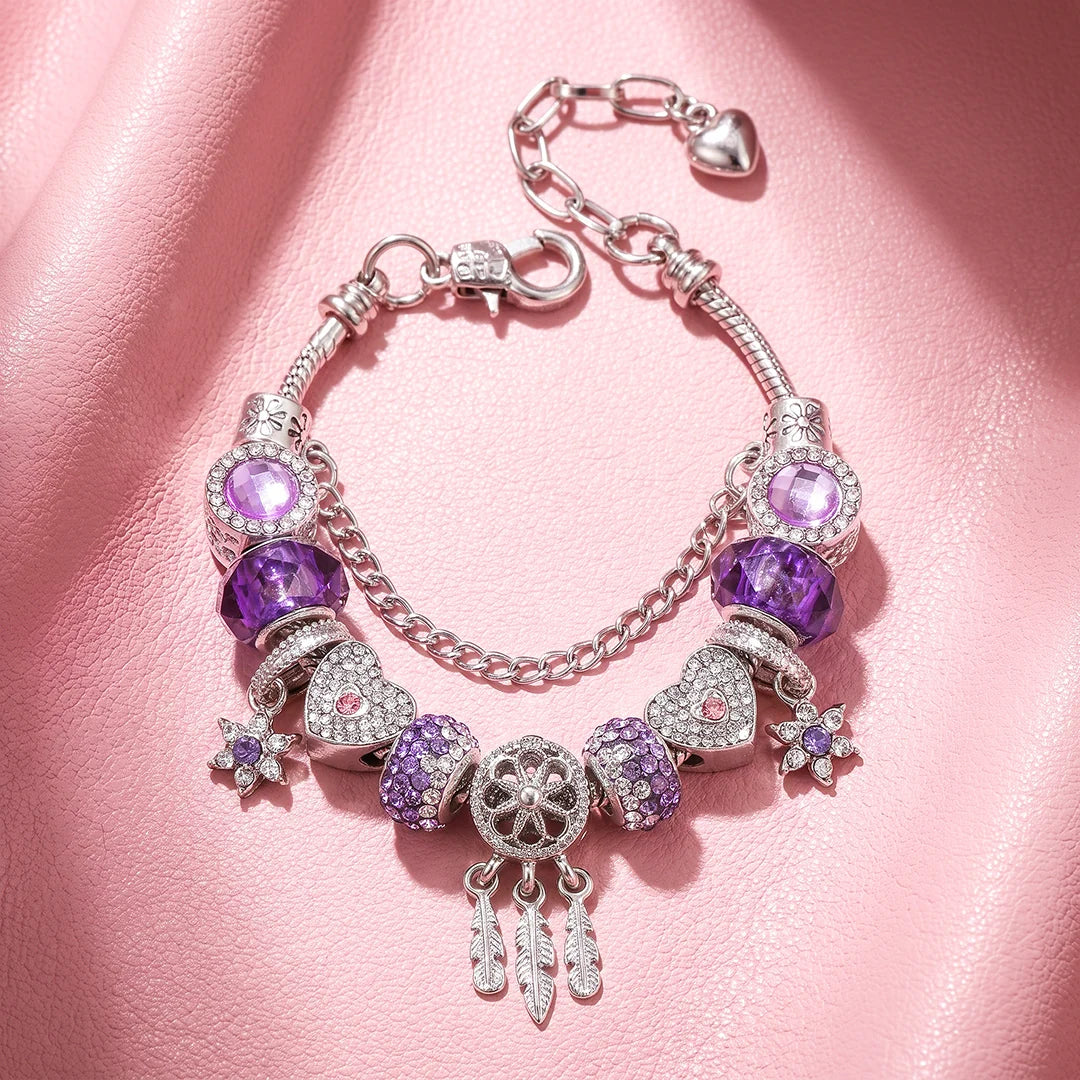 Purple Heart and Feather Charm Bracelet