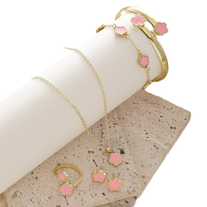 Five-Leaf Clover Women Jewelry Set, 5Pcs Necklace Bracelet Bangle Earrings Kit