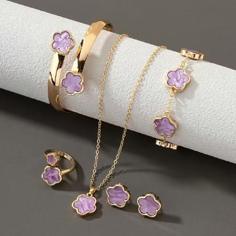 Five-Leaf Clover Women Jewelry Set, 5Pcs Necklace Bracelet Bangle Earrings Kit