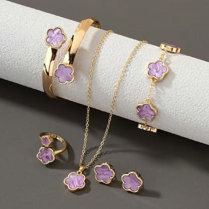 Five-Leaf Clover Women Jewelry Set, 5Pcs Necklace Bracelet Bangle Earrings Kit