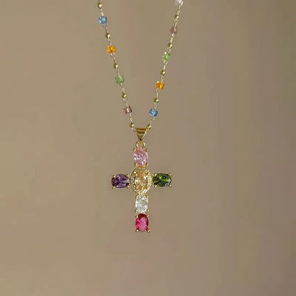 Rainbow Gem Cross Pendant Necklace