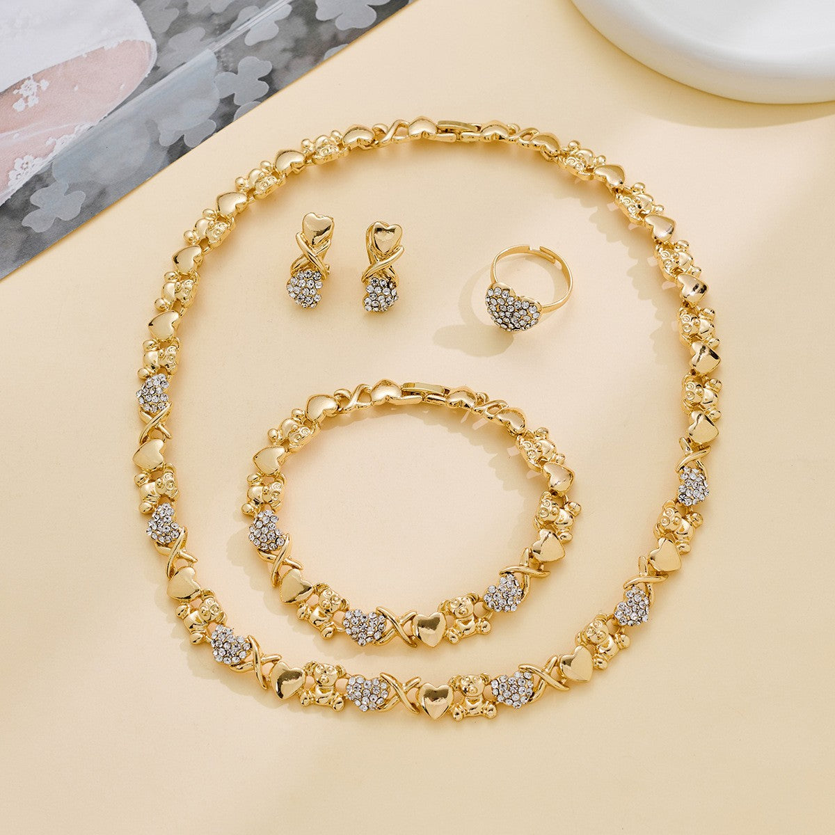 Heart Gold-Plated Jewelry 4-Piece Set, Includes Necklace, Earrings, Bracelet & Ring