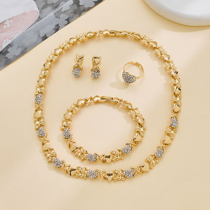 Heart Gold-Plated Jewelry 4-Piece Set, Includes Necklace, Earrings, Bracelet & Ring