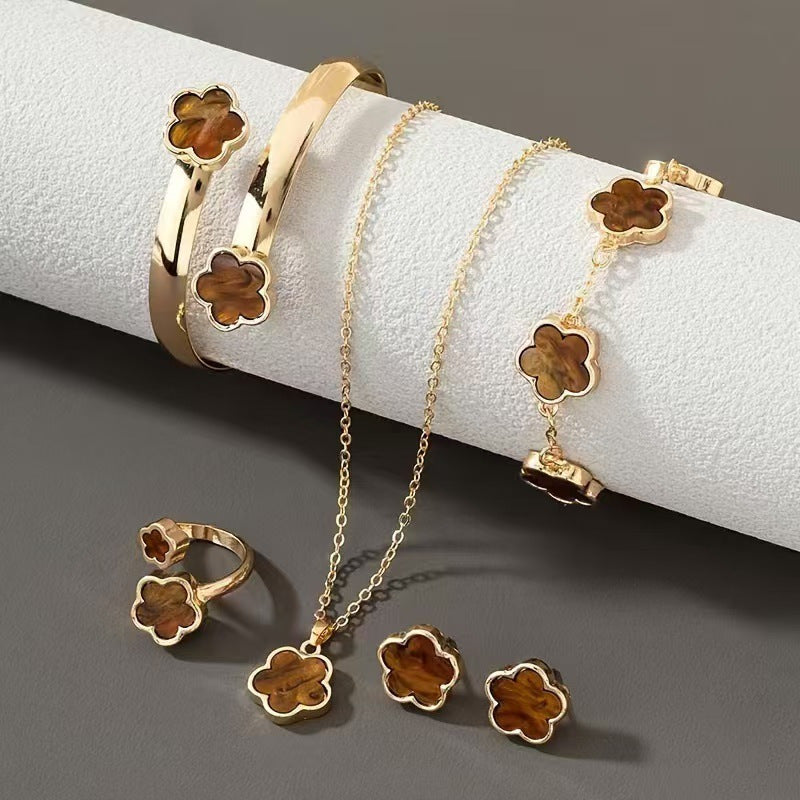 Five-Leaf Clover Women Jewelry Set, 5Pcs Necklace Bracelet Bangle Earrings Kit