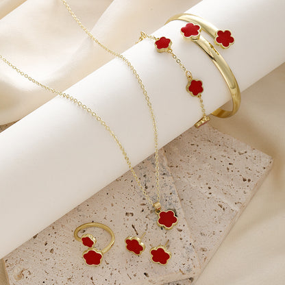 Five-Leaf Clover Women Jewelry Set, 5Pcs Necklace Bracelet Bangle Earrings Kit