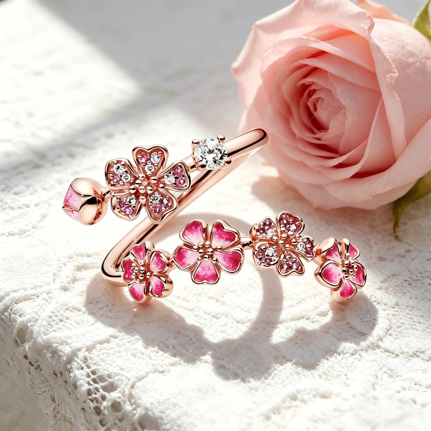 Pink Peach Blossom Branch Open Ring