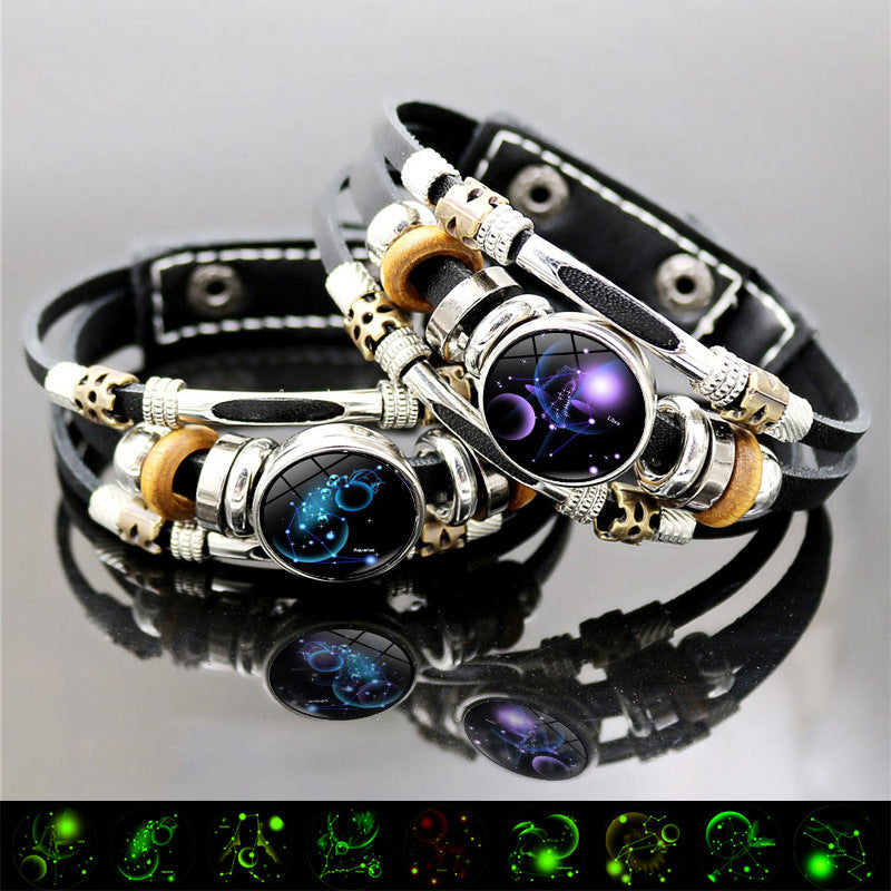 Luminous Twelve Constellations Leather Couple Bracelets 2 Pack