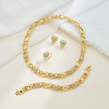 Heart Gold-Plated Jewelry 4-Piece Set, Includes Necklace, Earrings, Bracelet & Ring