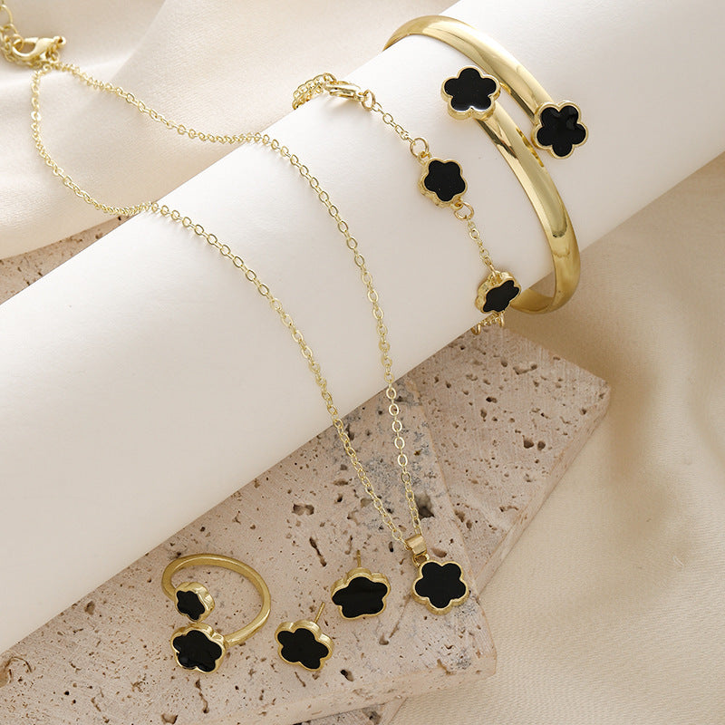 Five-Leaf Clover Women Jewelry Set, 5Pcs Necklace Bracelet Bangle Earrings Kit