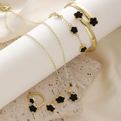 Five-Leaf Clover Women Jewelry Set, 5Pcs Necklace Bracelet Bangle Earrings Kit