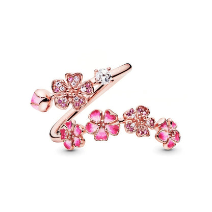 Pink Peach Blossom Branch Open Ring