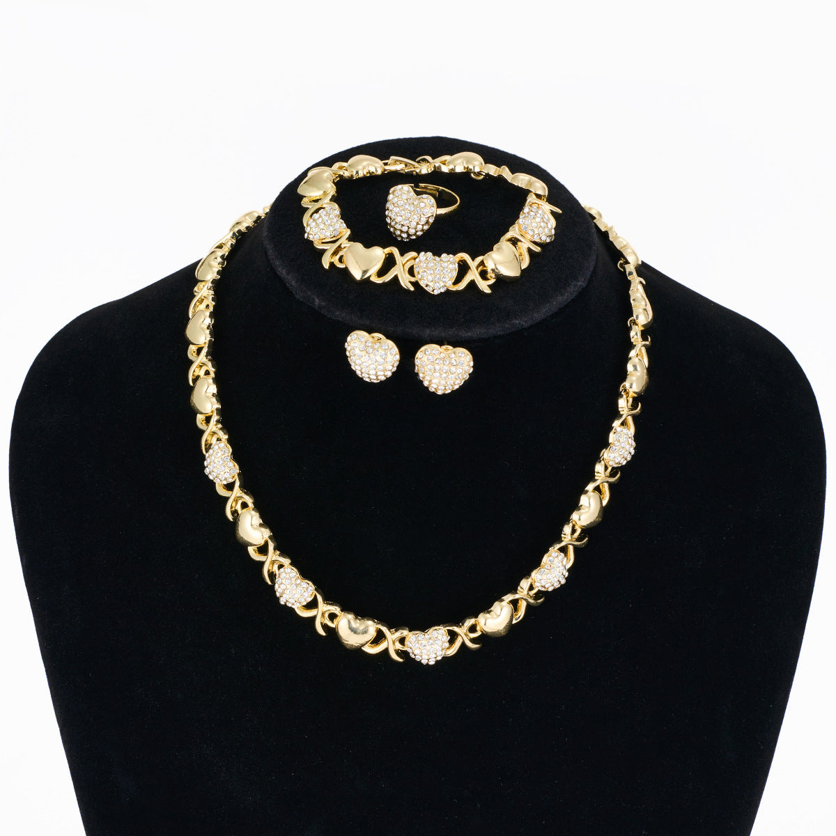 Heart Gold-Plated Jewelry 4-Piece Set, Includes Necklace, Earrings, Bracelet & Ring