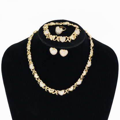 Heart Gold-Plated Jewelry 4-Piece Set, Includes Necklace, Earrings, Bracelet & Ring