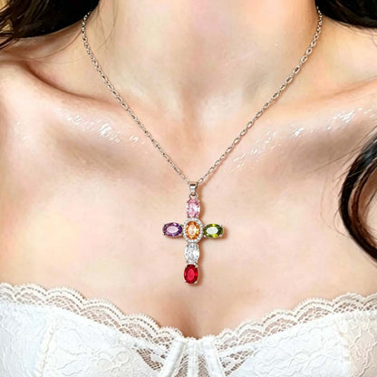 Rainbow Gem Cross Pendant Necklace