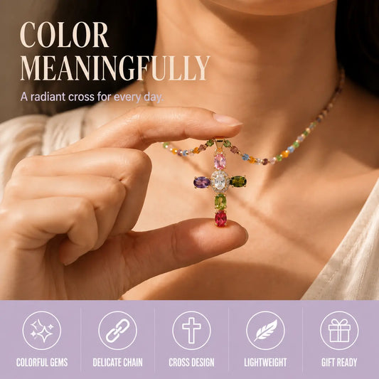Rainbow Gem Cross Pendant Necklace