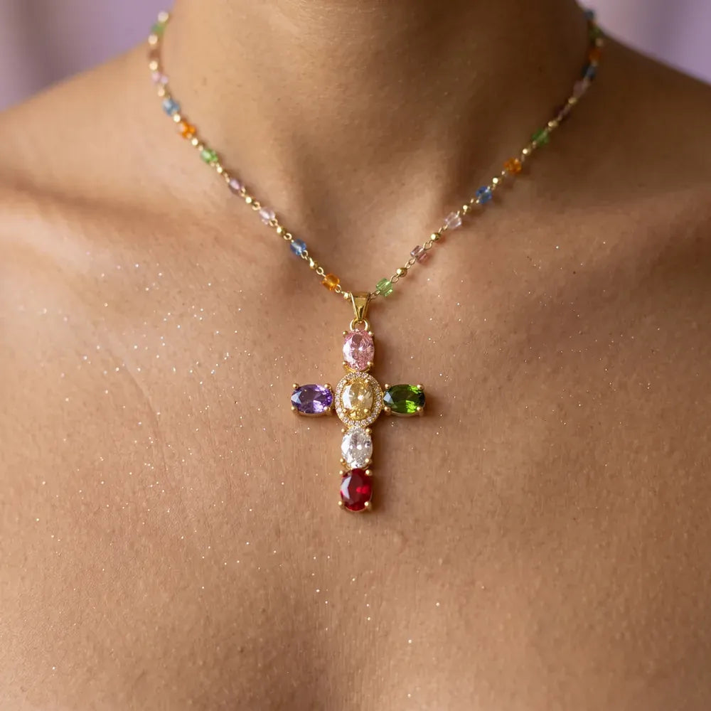 Rainbow Gem Cross Pendant Necklace - image 1
