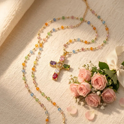 Rainbow Gem Cross Pendant Necklace - image 5