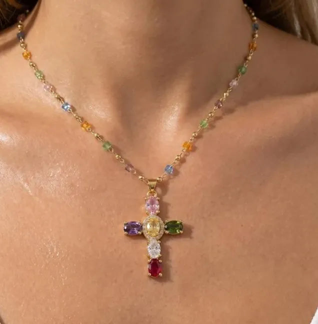 Rainbow Gem Cross Pendant Necklace - image 6