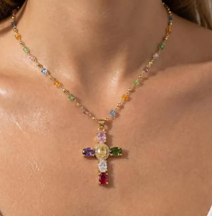 Rainbow Gem Cross Pendant Necklace - image 6