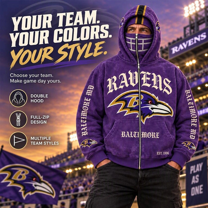 Graphic Full-Zip Hoodie with Helmet-Style Hood