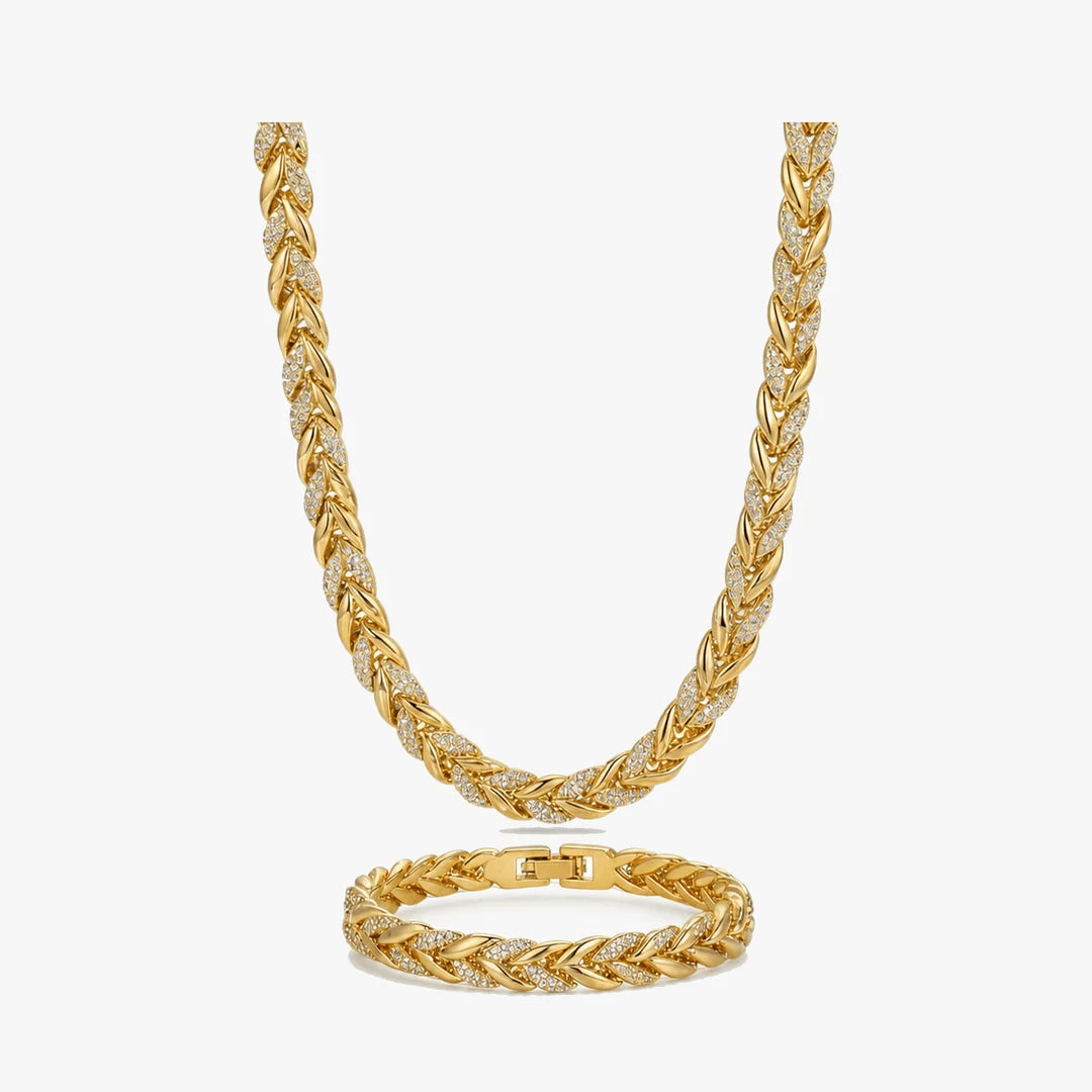 Sparkling Leaf-Link Necklace and Bracelet Set
